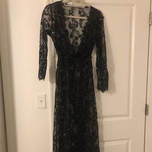 Sheer lace maxi dress with plunging neckline
